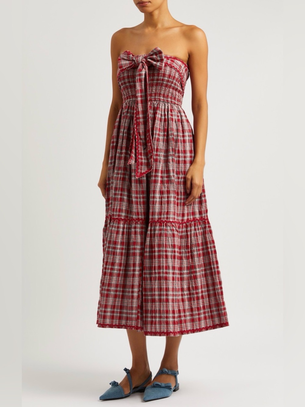 Damson Madder Pia Midi Bow Red Checked Smocked Versatile Skirt Dress  UK 10 US 6